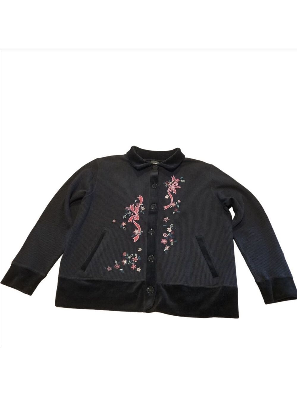 Women's Erika Black Floral Embroidered Cardigan L